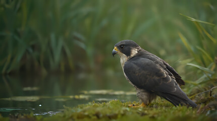 a bird that is sitting on the grass by the water