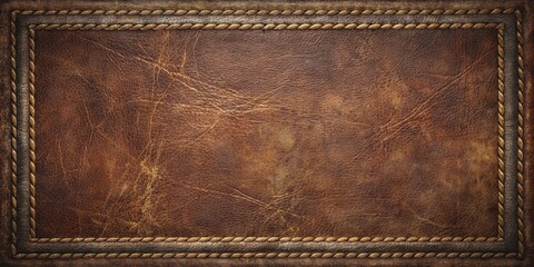 Aged dark leather background with worn stitched border and grunge texture featuring abstract distressed design elements, perfect for vintage or retro-themed projects.