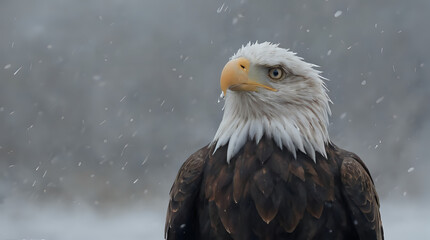 Fototapeta premium a bald eagle standing in the snow with a blurry background