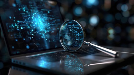 Laptop with cybersecurity software detecting a threat through a magnifying glass.