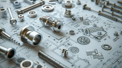 Array of mechanical parts and components precisely arranged on engineering drawings, showcasing the detail and precision of mechanical design