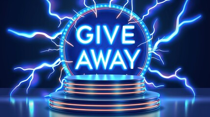 3d  colorful giveaway podium with lightning and text "GIVE AWAY" for social media, contest or promotional banner template for live streamers