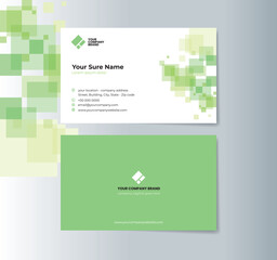 A set of double-sided business card template designs with random transparent green squares on white background