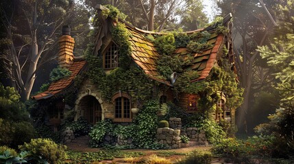 Obraz premium An enchanted fairytale cottage in a magical forest with walls covered in vines.