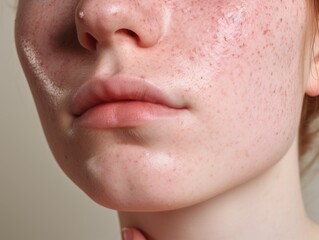 A woman with a red face and a white background. The woman has a red nose and lips
