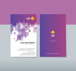 A set of vertical double-sided business card template designs with random transparent purple squares on white background