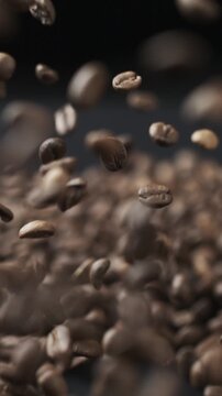 Slow Motion Magic: Floating Coffee Beans with Black background, camera follows movement, macro,