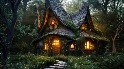 Fototapeta premium An enchanted fairytale cottage in a magical forest with walls covered in vines.
