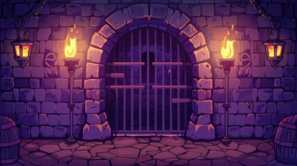 Cartoon illustration of a stone-walled medieval dungeon with torches and a barred gate, suitable for game backgrounds