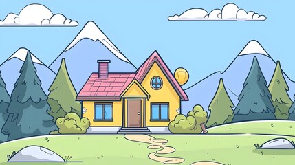 Cozy Isometric Cartoon Mountain House in Fantasy Game Setting