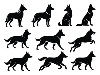 German Shepherd Dog collection silhouette black vector on white background