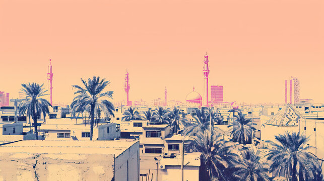Risograph retro riso print travel poster, card, wallpaper or banner illustration, modern, isolated, clear, simple of Basra, Iraq
