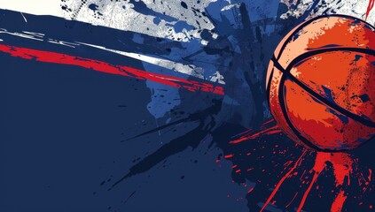a basketball banner with a navy blue and red color scheme A basketball ball is on the right side with a graffiti effect in the background Generative AI