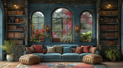 Background: An art deco-inspired living room with a green plaid chair, luxurious carpet, and a comfortable couch, creating a cosy and sophisticated space.