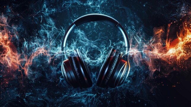Dynamic sound waves and headphones on a dark background, ideal for creating an engaging podcast banner.
