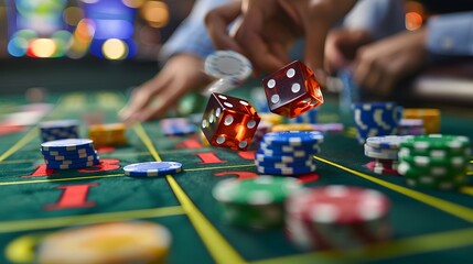 Rolling Dice at Craps Table: A close-up of hands rolling dice at a craps table, dice mid-air and chips stacked high.
