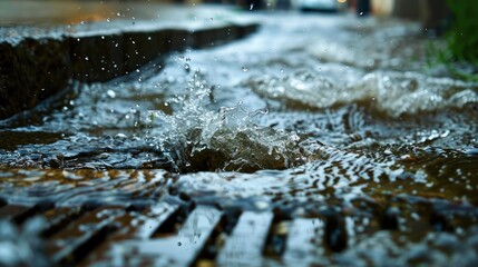 Heavy rain caused water to flow through the streets with clogged drains.