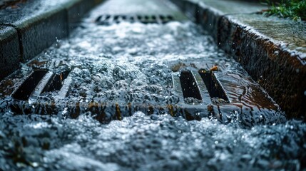Heavy rain caused water to flow through the streets with clogged drains.