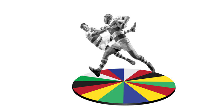 Competitive men, rugby players in motion playing on multicolored round platform, symbolizing multicultural event. Creative design. Art collage. Concept of sport, international completion, tournament