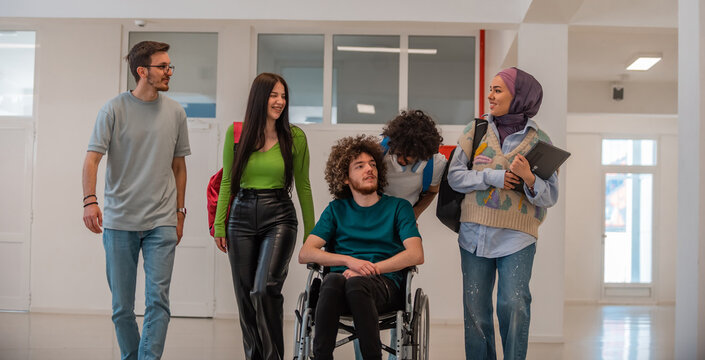 A group of happy diverse college students talking to each other while they walk in the university hallway.