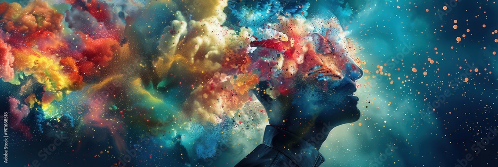 Poster A vibrant explosion of colorful thoughts and ideas emanates from the mind, illustrating the creative process in a surreal and imaginative manner. Generative AI