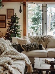 Cozy Home Interior with Festive Christmas Tree and Rustic Furnishings
