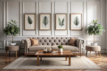 "Elegant modern living space featuring four framed art pieces above a crisp white wall, paired with a stylish tufted sofa and sleek minimalist coffee table."