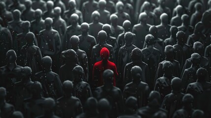 Obraz premium Concept of individuality with a crowd of gray silhouettes and one red figure standing out, highlighting uniqueness and leadership