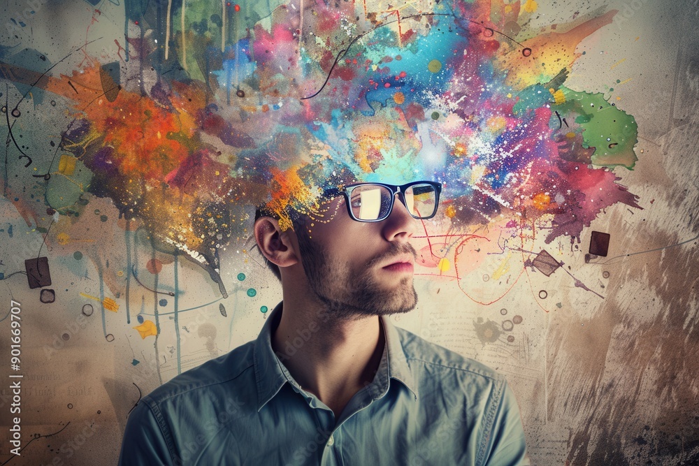 Poster A person stands pensively with colorful, eclectic thoughts visualized above their head, representing a brainstorming explosion of creativity. Generative AI