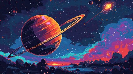 Naklejka premium Cosmic pixel art featuring a textured large planet, distant ringed planet, and a starry nebula, blending retro video game aesthetics with space exploration.