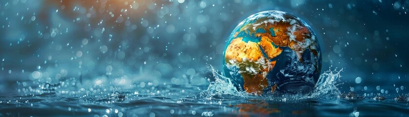 Globe with energyefficient technology and water conservation minimal design flat blue background digital illustration space for Ad