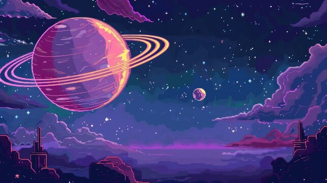 Cosmic pixel art scene with a large textured planet, distant ringed planet, and starry nebula, evoking extraterrestrial wonder