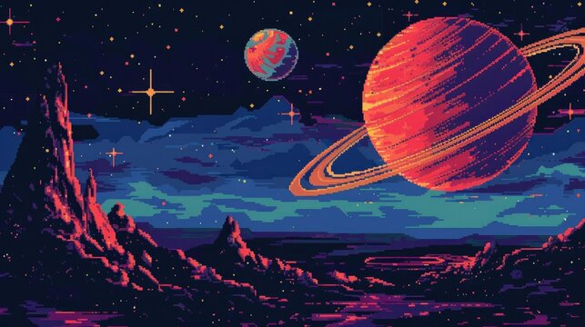Cosmic pixel art scene with a large textured planet, distant ringed planet, and starry nebula, evoking extraterrestrial wonder