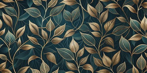 Elegant floral organic texture wallpaper illustration featuring gold line art leaves intricately intertwined on a dark, mysterious background, forming a seamless repeating pattern.