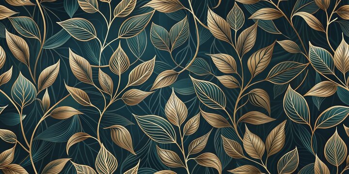 Fototapeta Elegant floral organic texture wallpaper illustration featuring gold line art leaves intricately intertwined on a dark, mysterious background, forming a seamless repeating pattern.