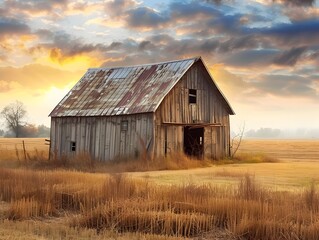 Obraz premium Dramatic Sunset Over Weathered Rustic Barn in Pastoral Countryside Landscape