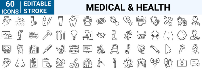 Medical and Health web icons in line style. Disability. Dermatology. Cardiology. Vector illustration.
