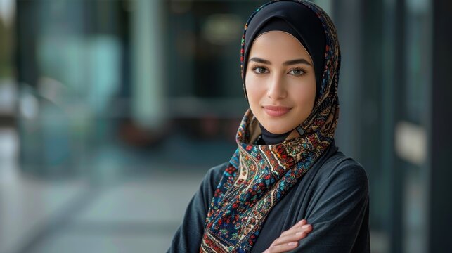 A portrait of a confident modern Muslim woman in a stylish hijab with arms crossed, exuding elegance and empowerment.
