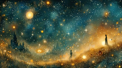 Whimsical stardust collectors gathering celestial fragments, illustrated with a magical and dreamlike quality, perfect for imaginative storytelling.