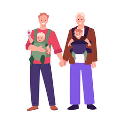 Two fathers carrying babies vector illustration