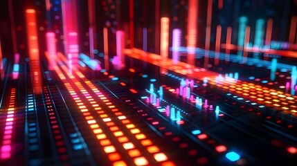 Obraz premium Captivating 3D Equalizer Bars in a Glowing Dark Environment,Vibrant High-Tech Music Background