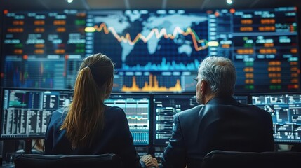 Business leaders discussing future trends, stock market projections on holographic screens