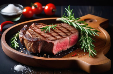 special occasions meal - grilled steak with rosemary, tomatoes and pepper on wooden cutting board