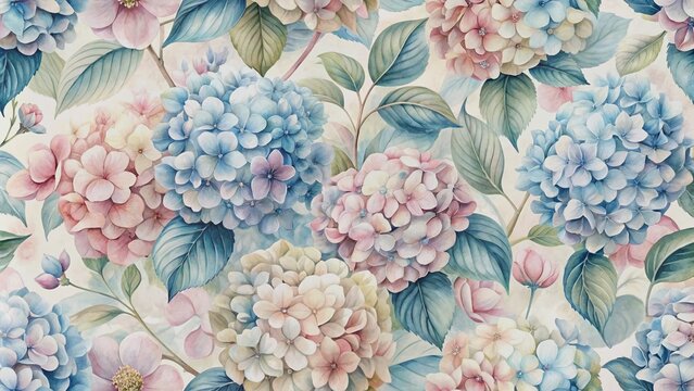 Delicate watercolor hydrangea flowers bloom in a seamless pattern on a luxurious 3D wallpaper featuring soft pastel blue, pink, and beige hues for a beautiful floral background.
