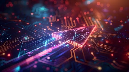 Glowing Metallic Arrow Intertwined with Digital Circuits Symbolizing Technological Growth and
