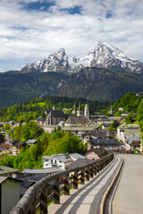 City of Berchtesgaden in Bavaria in Germany during spring morning with a view to Mount Watzmann in Alpes.