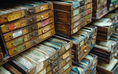 Fototapeta premium Multiple antique wooden drawers filled with documents, labels, and papers