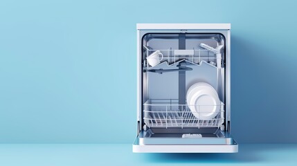 A compact dishwasher with a stainless steel finish, shown open with clean dishes inside, flat design illustration