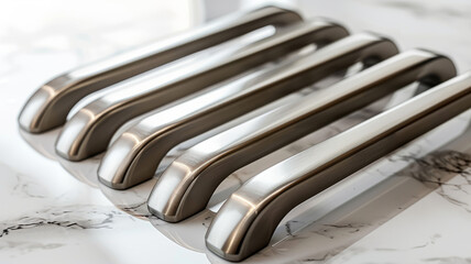 Stainless steel drawer handles on a marble countertop.