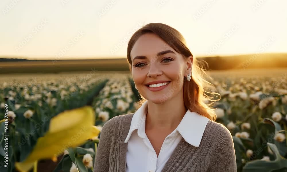 Canvas Prints Conceptual portrait video of a pleased woman in her 30s wearing a chic cardigan against a cotton field or plantation background